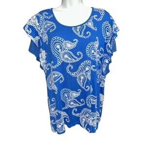 LIV Los Angeles Large Top Blue Embroidered White BOHO Stretch Rayon Sheer Accent